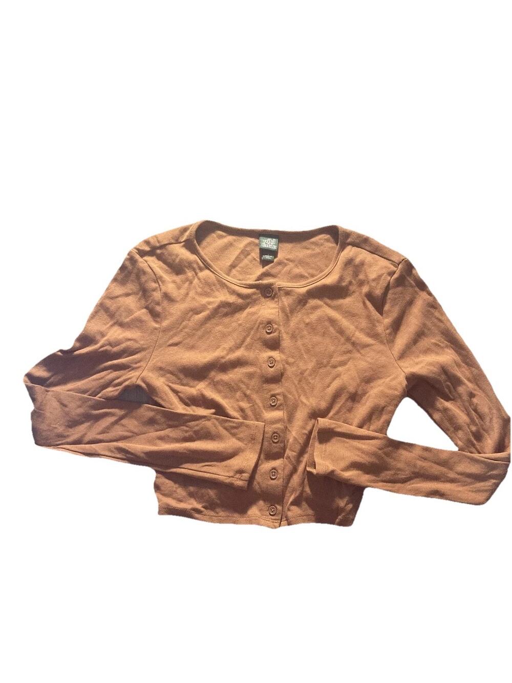 Wild Fable Shirt Juniors M Brown Scoop Neck Long Sleeve Button Front Cropped